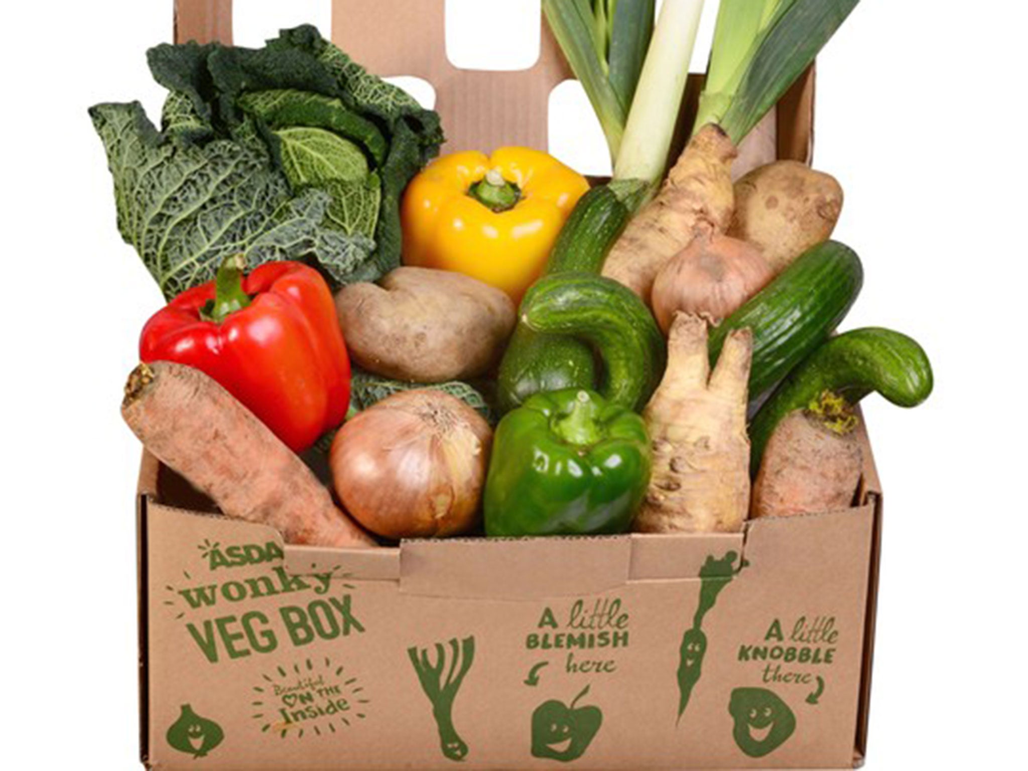 Asda's wonky vegetable box contains vegetables which are misshapen, have growth cracks, or are a different size than average