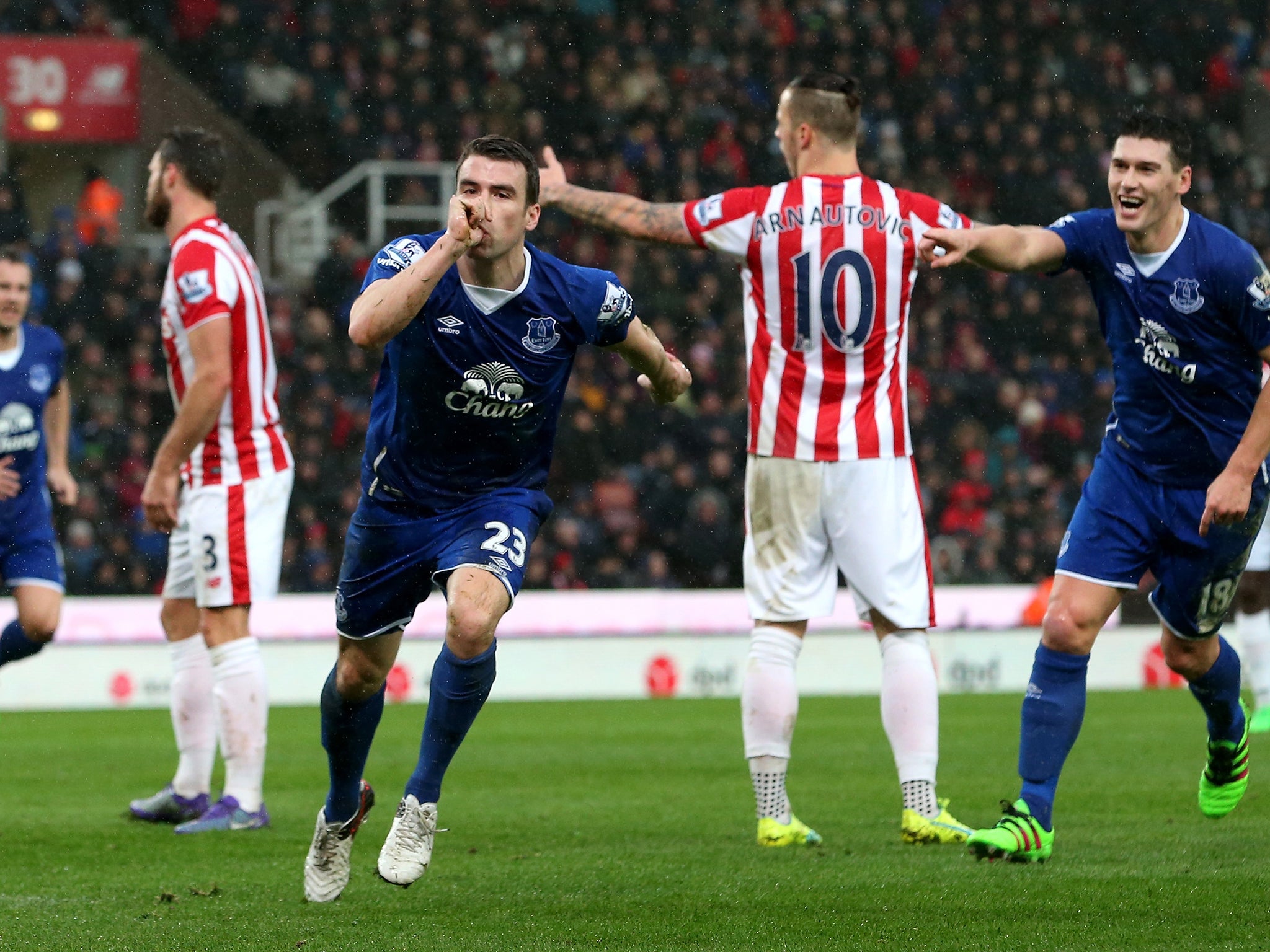 &#13;
Seamus Coleman celebrates after scoring the second&#13;