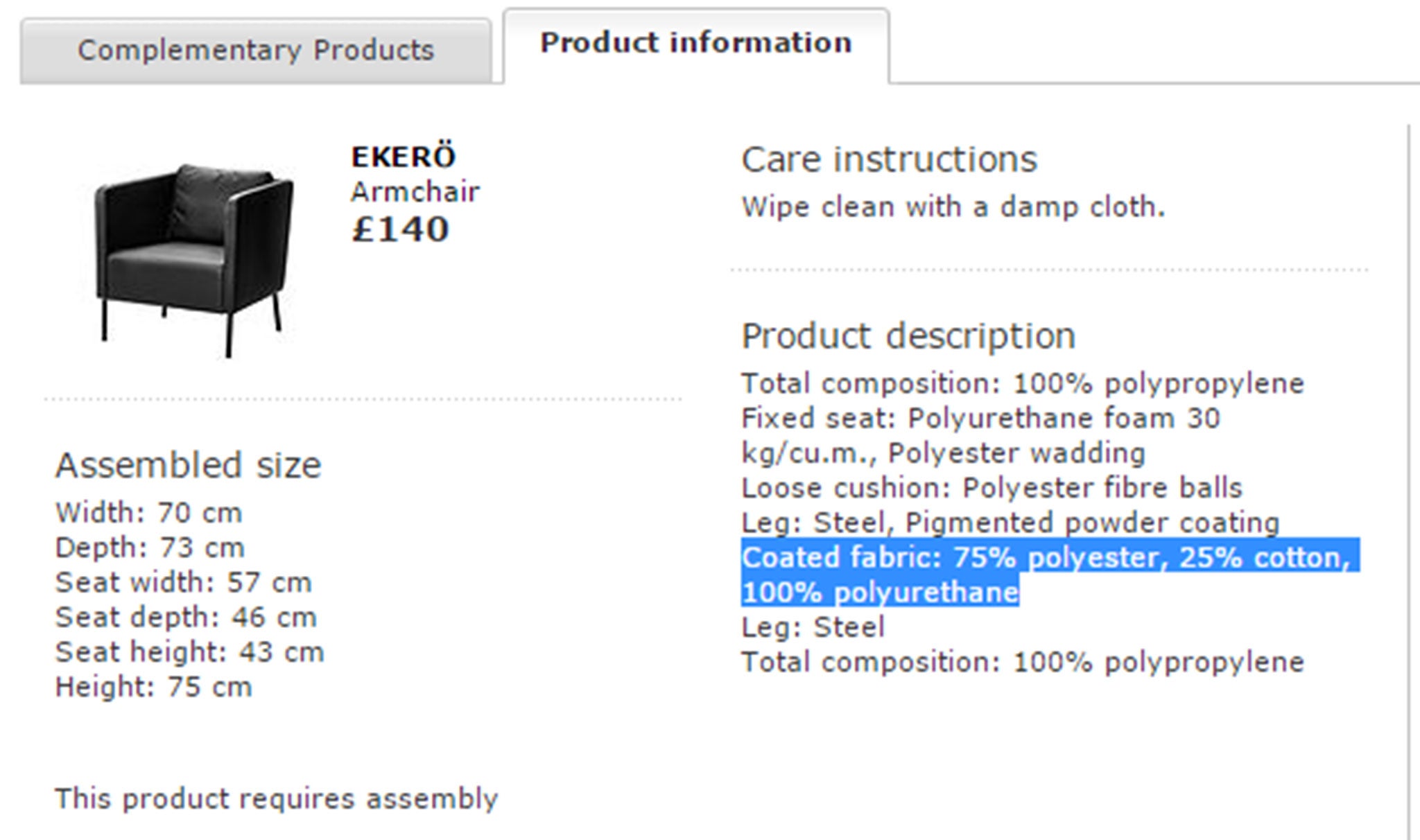 Product information for the Ekero armchair