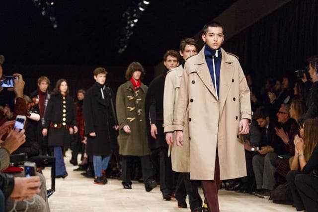 Models take to the runway at the Burberry show at the The London Collections Men event in London in January