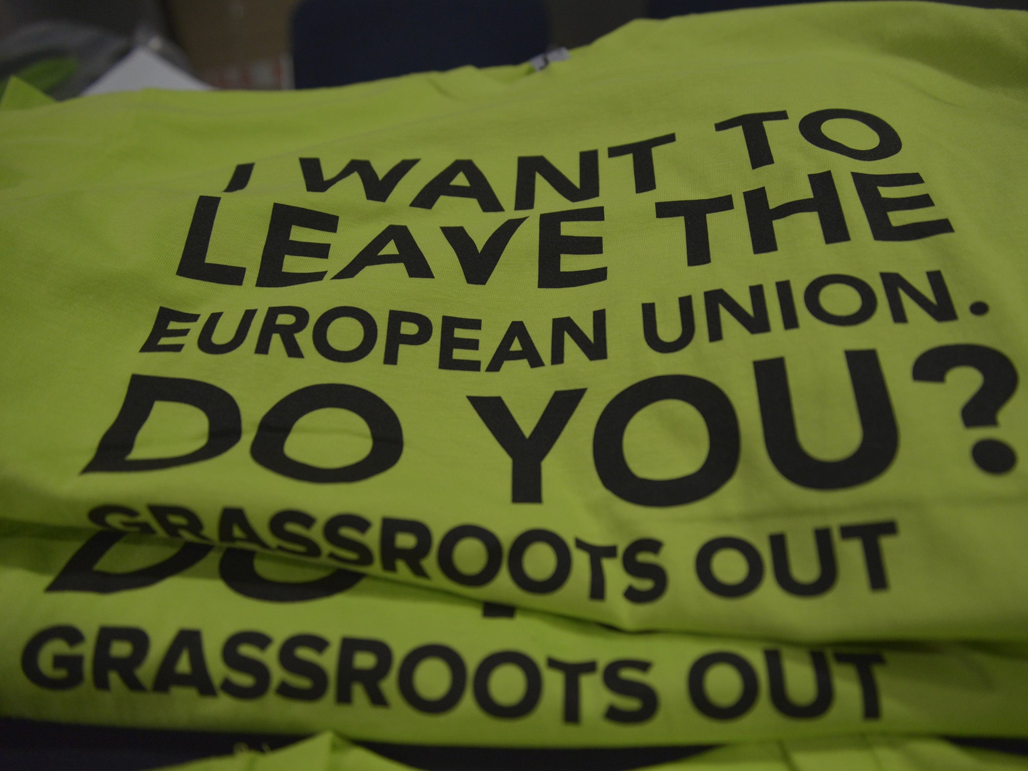 Campaign t-shirts on sale at the Grassroots Out event in Manchester.