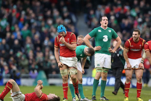 Irish and Welsh players react to the final whistle.