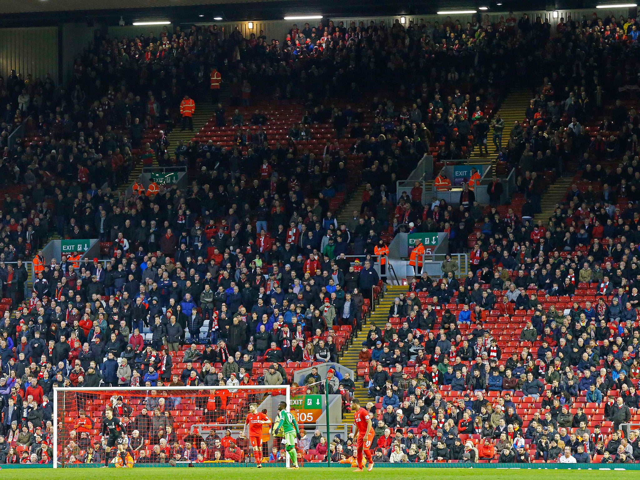 Empty seats on the Kop as fans protested against the club's ticket pricing structure