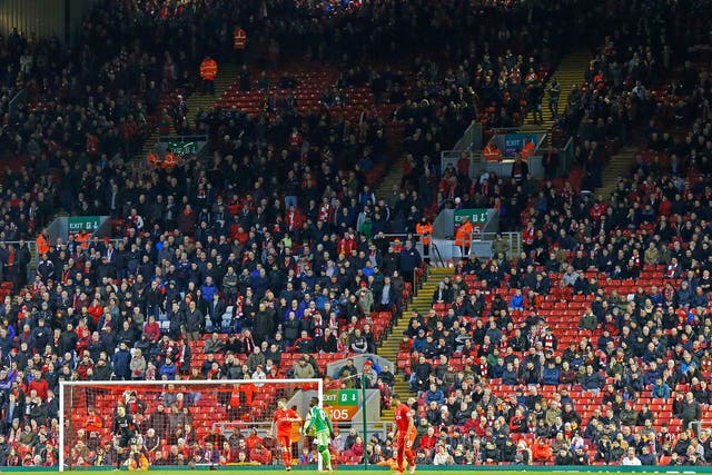 Empty seats on the Kop as fans protested against the club's ticket pricing structure