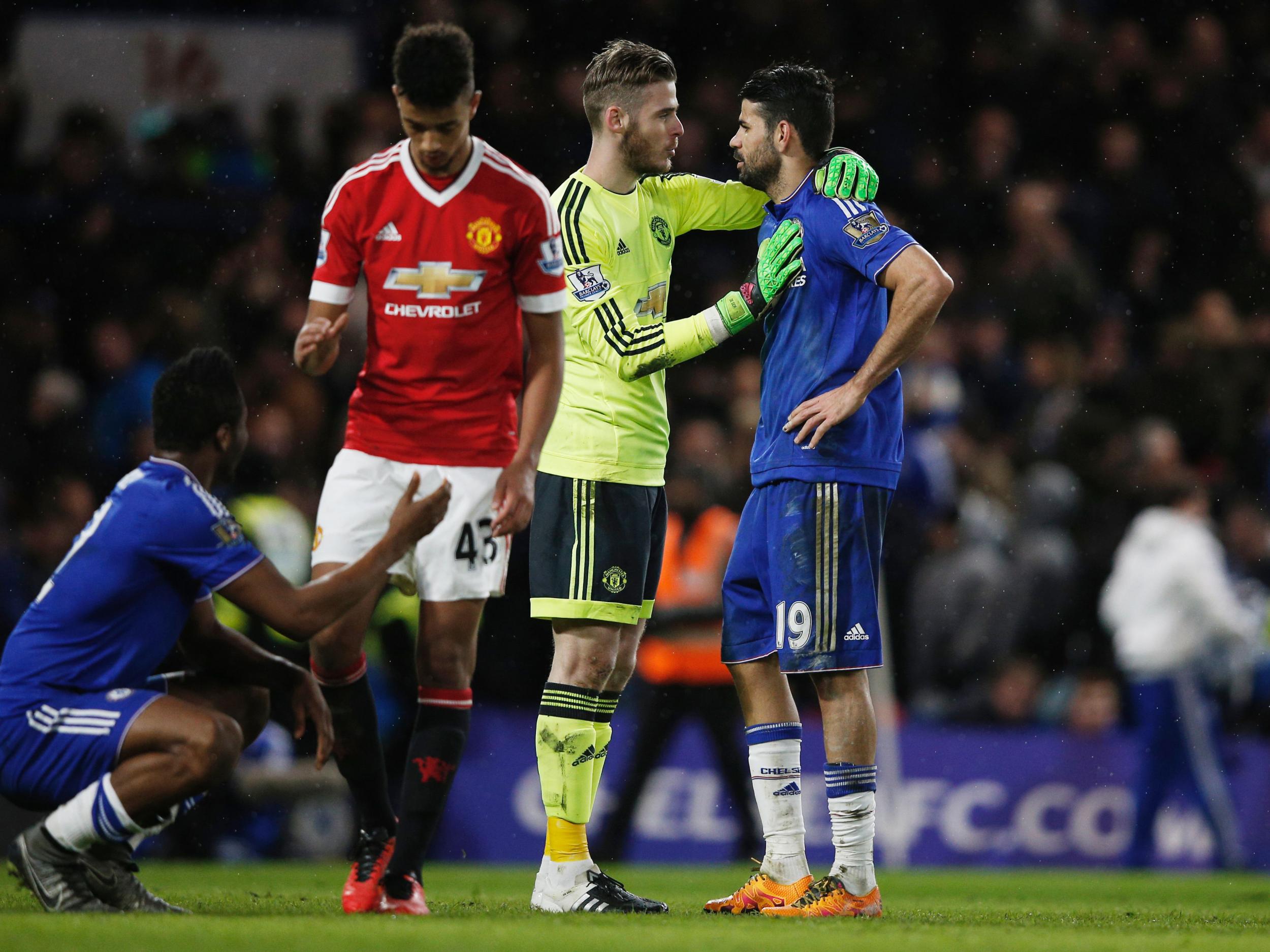 David de Gea speaks with Diego Costa after the 1-1 draw with Chelsea