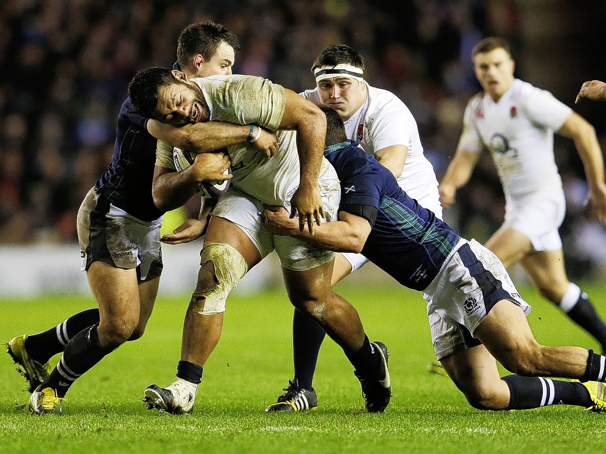 Billy Vunipola makes dogged, unstoppable progress through Scotland’s defence at Murrayfield on Saturday