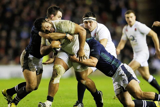 Billy Vunipola makes dogged, unstoppable progress through Scotland’s defence at Murrayfield on Saturday