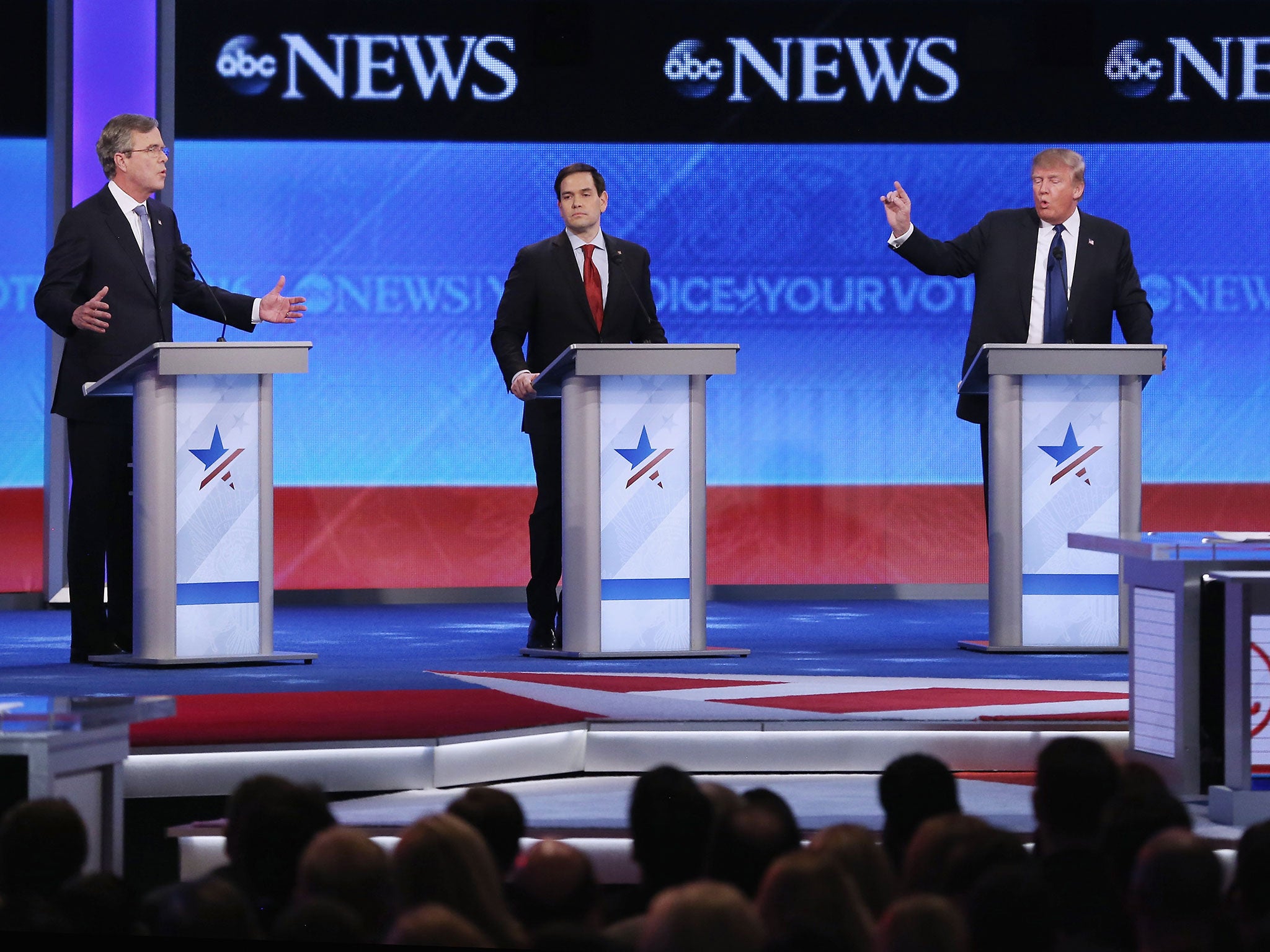 Republican presidential contenders, from left, Jeb Bush, Marco Rubio and Donald Trump in the televised debate