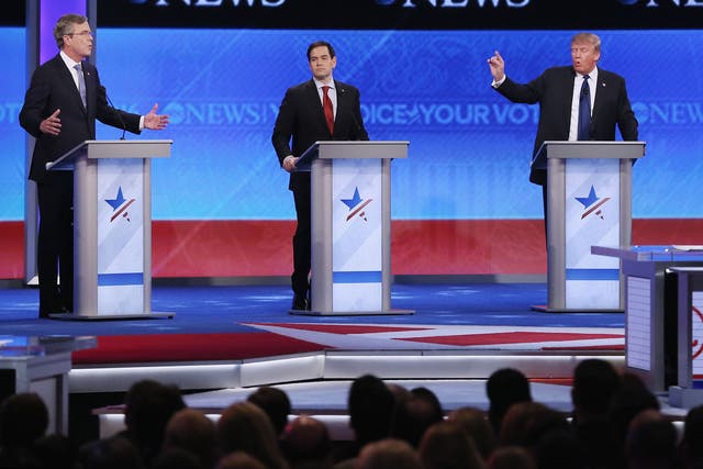 Republican presidential contenders, from left, Jeb Bush, Marco Rubio and Donald Trump in the televised debate