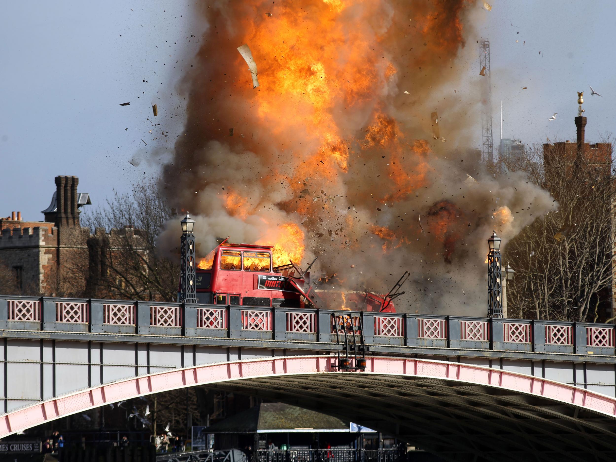 A bus after it exploded on Lambeth Bridge in London during filming for Jackie Chan's new film The Foreigner.