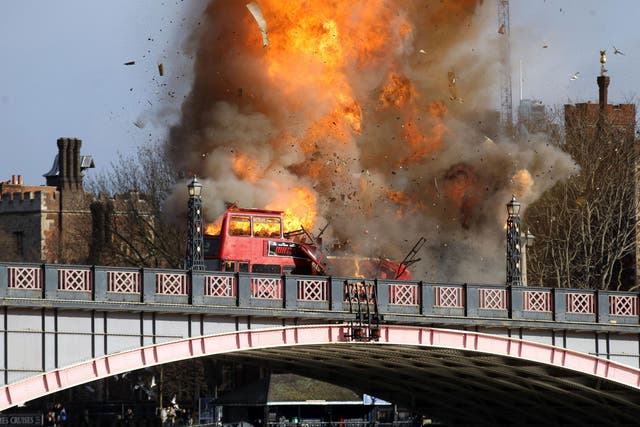 A bus after it exploded on Lambeth Bridge in London during filming for Jackie Chan's new film The Foreigner.