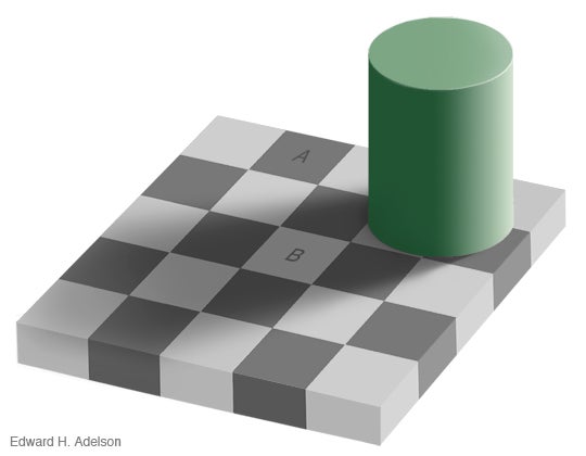 A classic optical illusion that uses the effect — though they look different, the two marked squares are actually the same colour