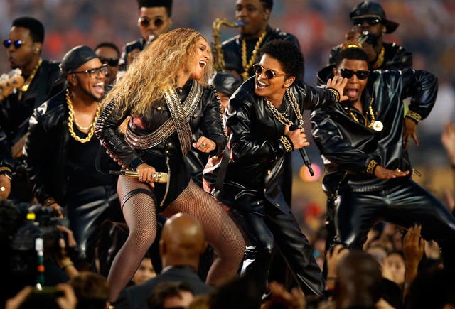 Beyonce and Bruno Mars perform during the Pepsi Super Bowl 50 Halftime Show