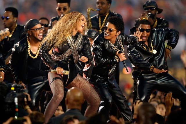 Beyonce and Bruno Mars perform during the Pepsi Super Bowl 50 Halftime Show