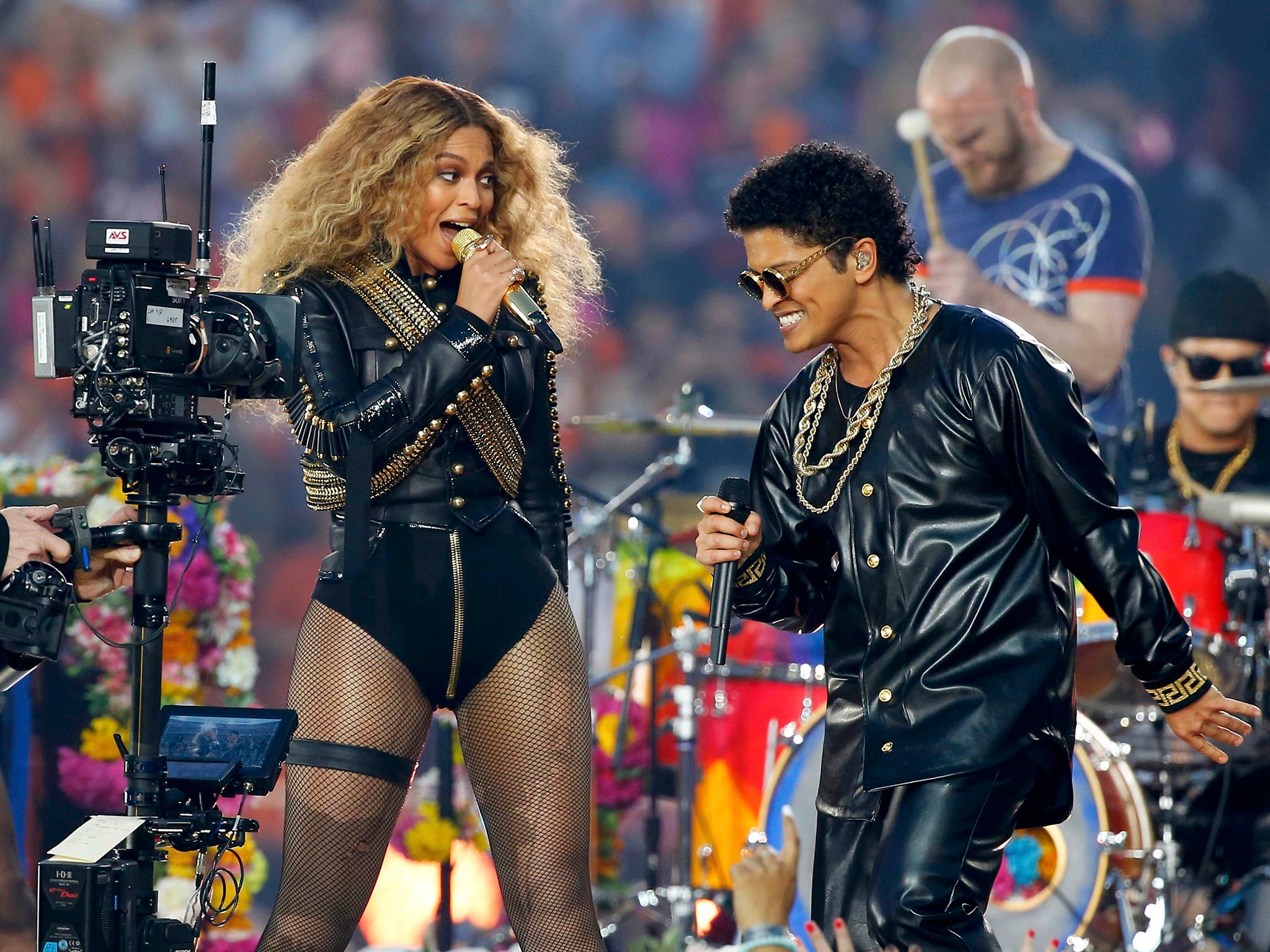 Beyonce and Bruno Mars perform during half-time show at the NFL's Super Bowl 50 football game between the Carolina Panthers and the Denver Broncos in Santa Clara, California