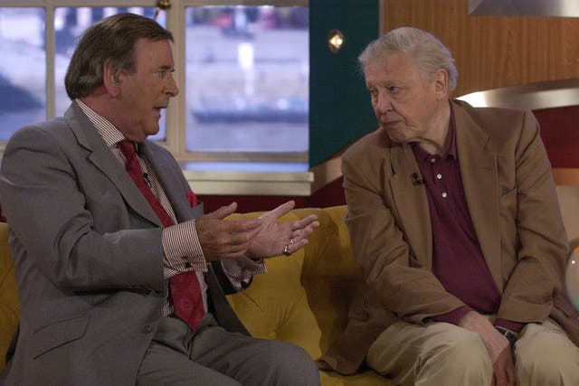 Terry Wogan chats to Sir David Attenborough at the BBC in 2003, long after Wogan was rejected for a job at BBC2
