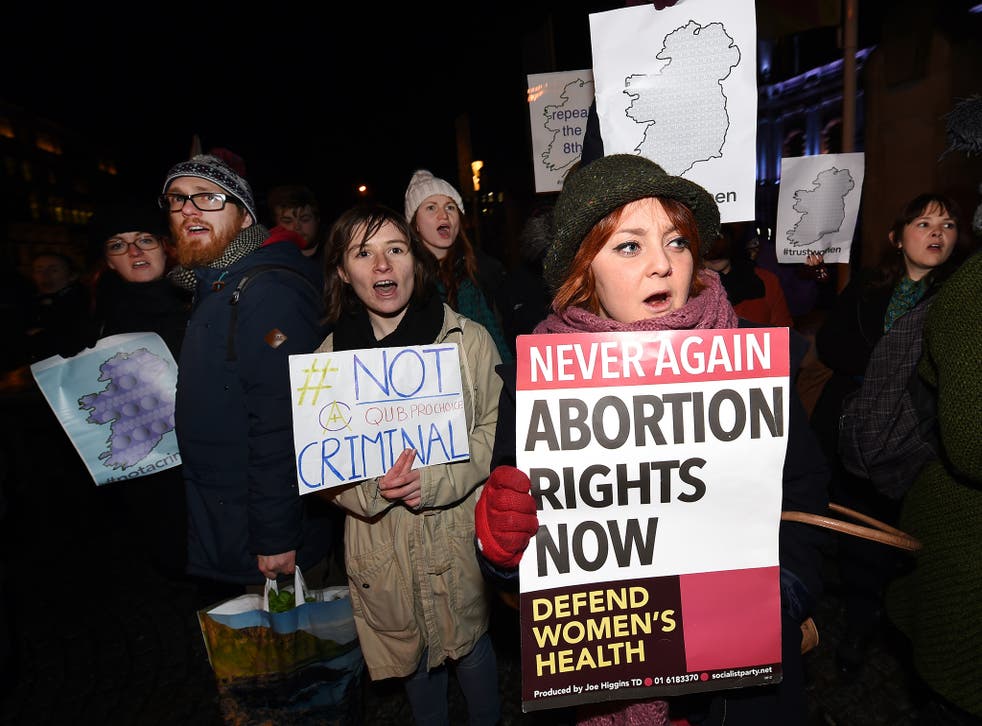 Pro Choice activists rally outside City Hall in Belfast, Northern Ireland, in January