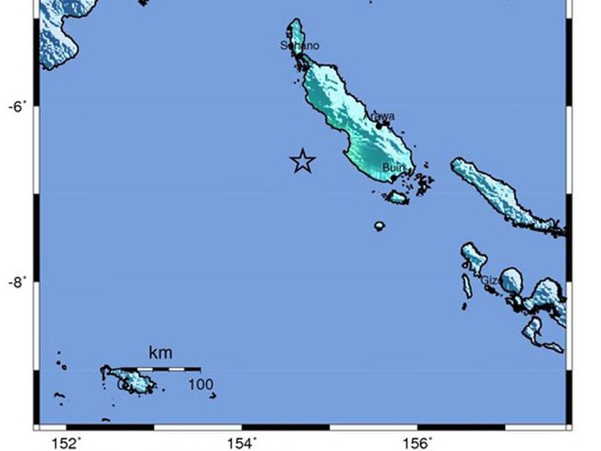A handout photo showing the epicentre of the quake near the island of Bougainville