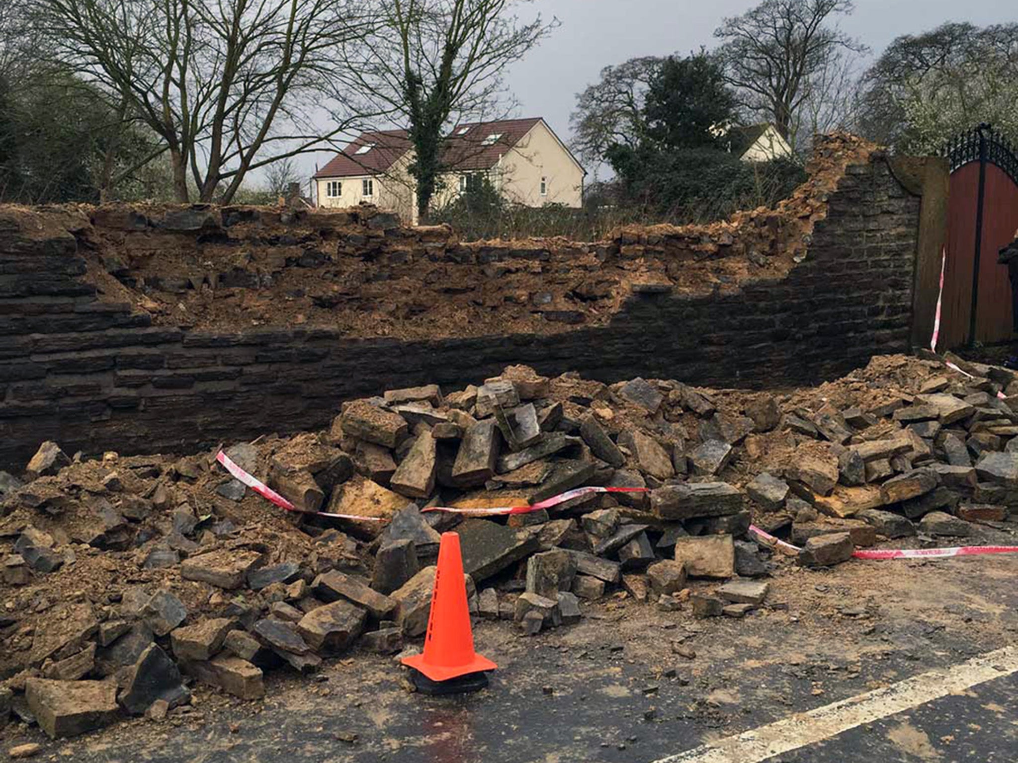 &#13;
A collapsed wall in the Worcestershire village of Bretforton near Evesham which injured two children&#13;