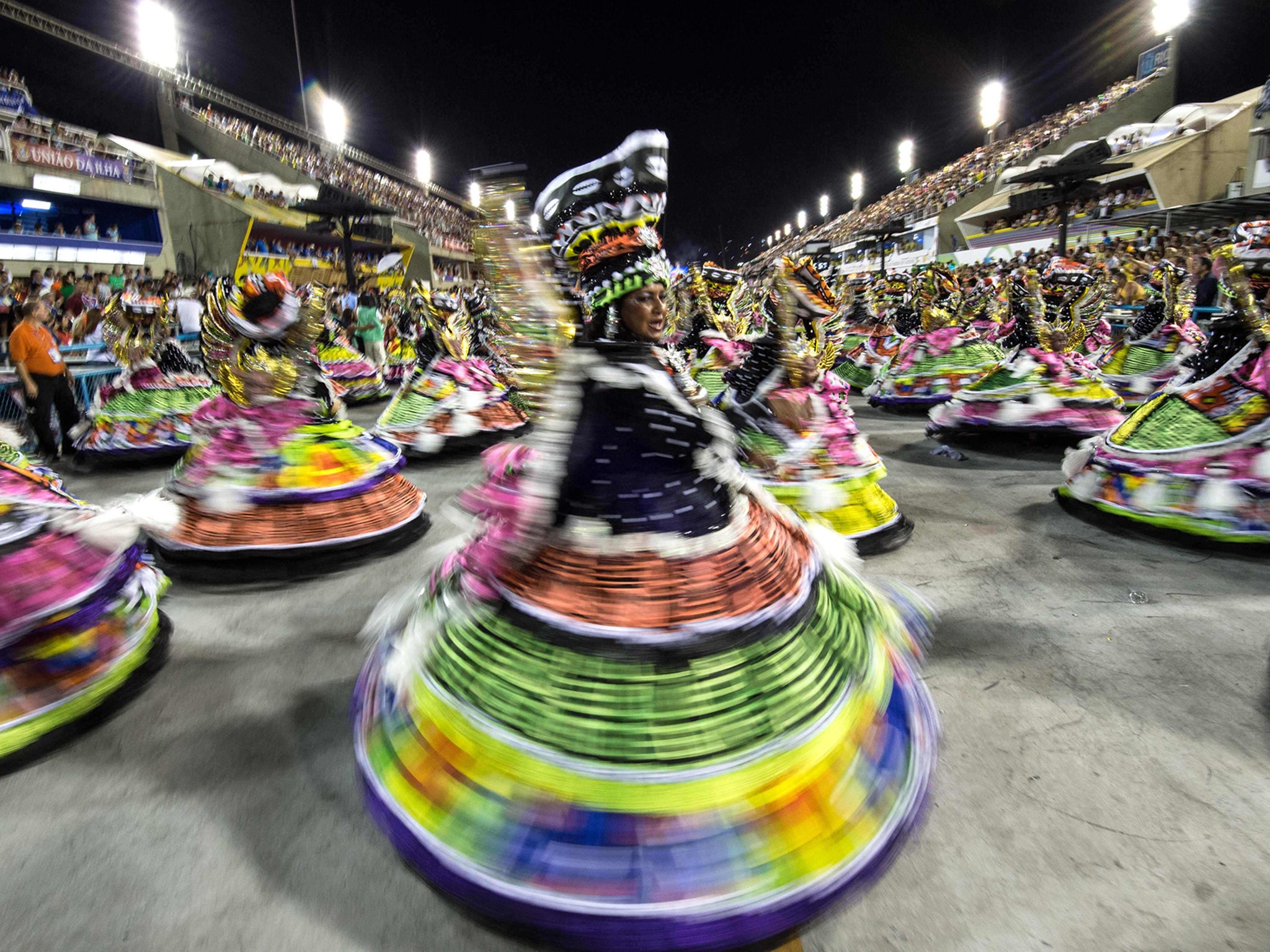 Revellers of Estacio de Sa samba school perform during the carnival parade at the Sambadrome in Rio de Janeiro, Brazil