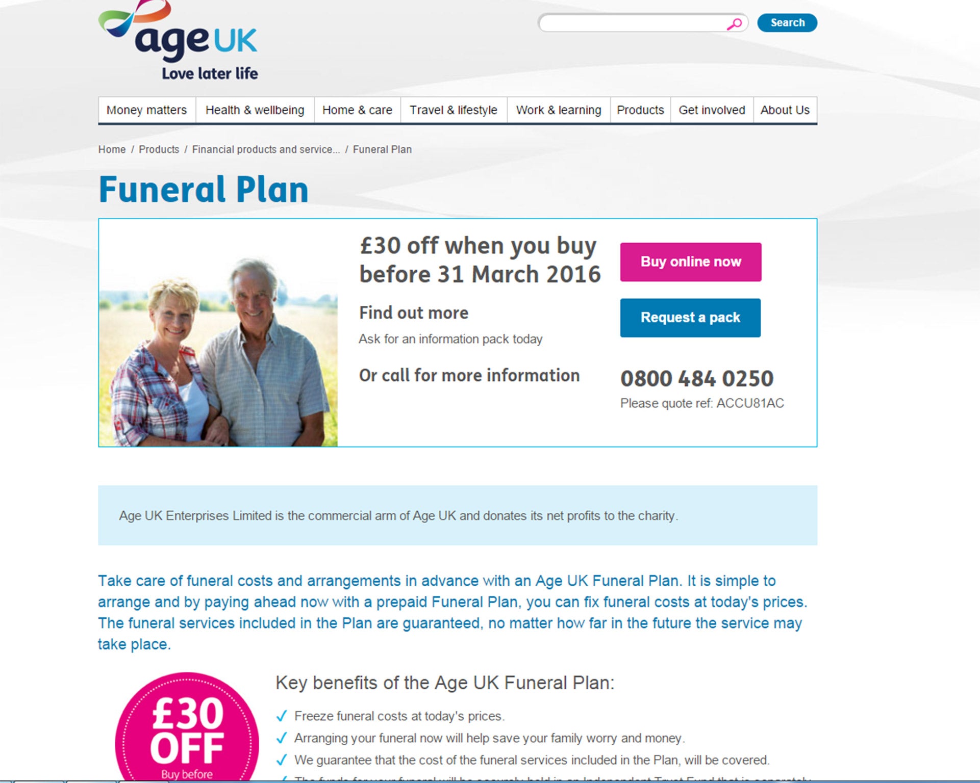 Age UK's website, offering pre-paid funeral plans