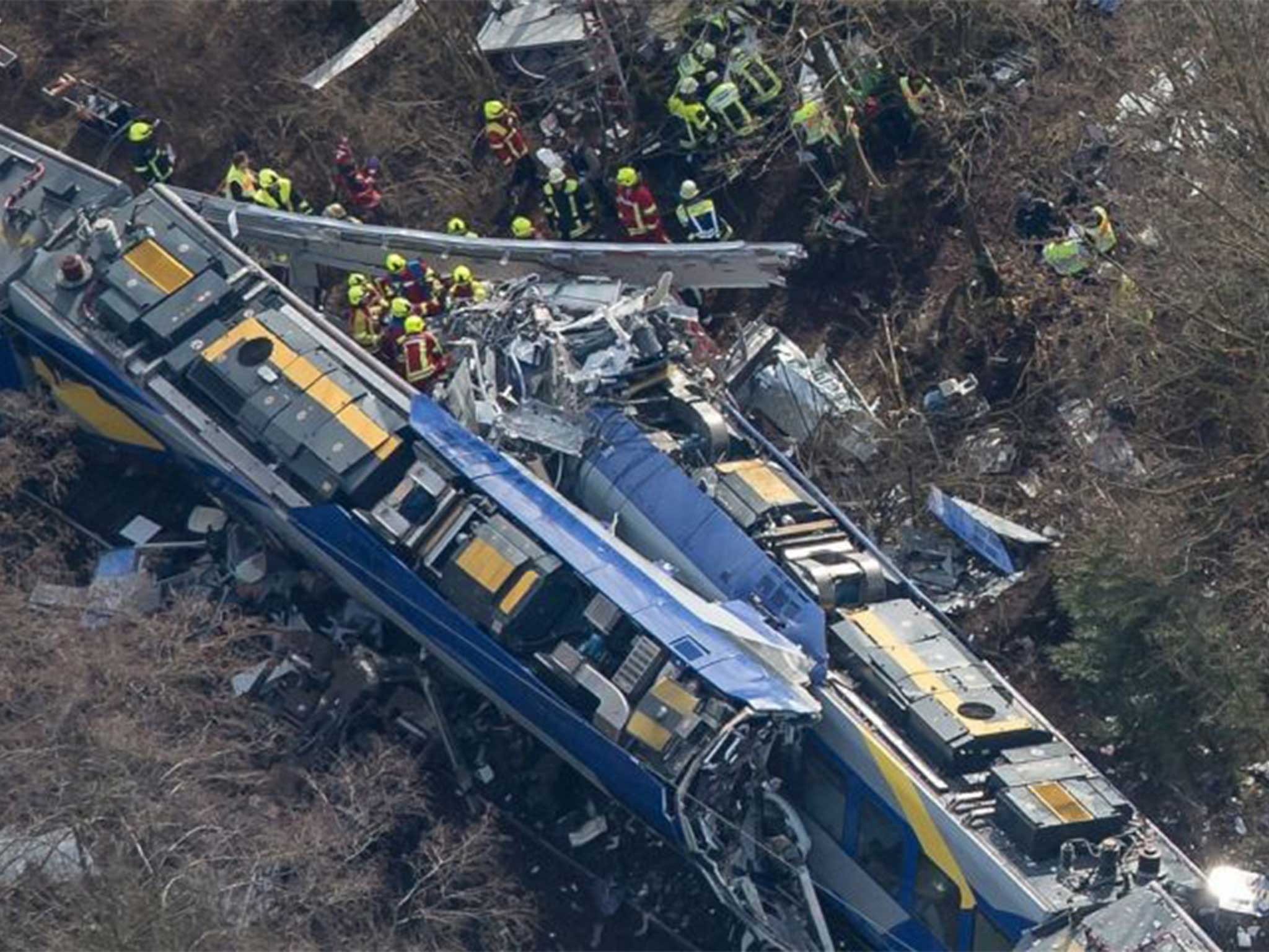 The scene near Bad Aibling, in Bavaria, Germany, after two commuter trains collided