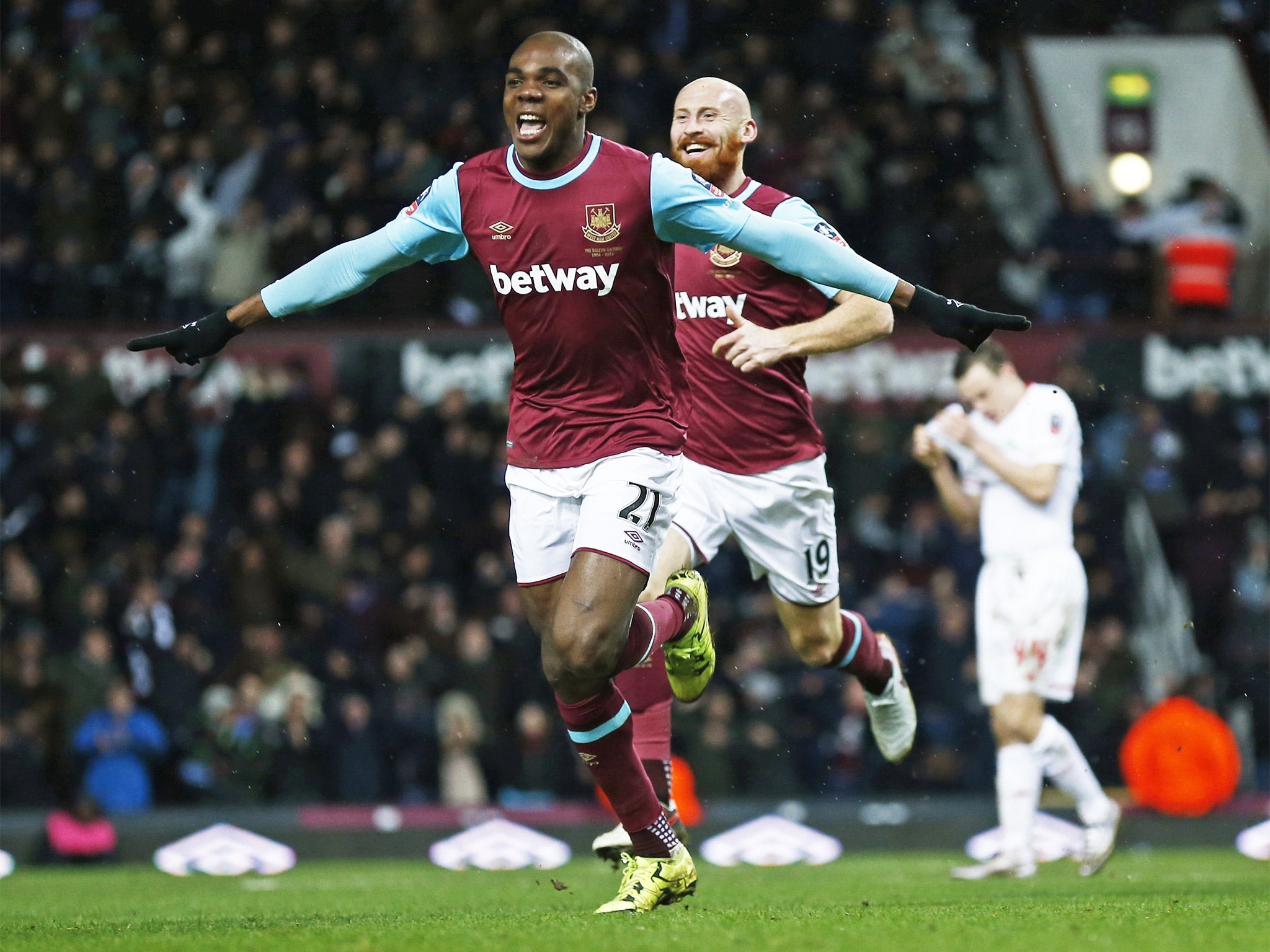 Angelo Ogbonna celebrates scoring West Ham’s dramatic extra time goal in the 2-1 FA Cup win over Liverpool at Upton Park