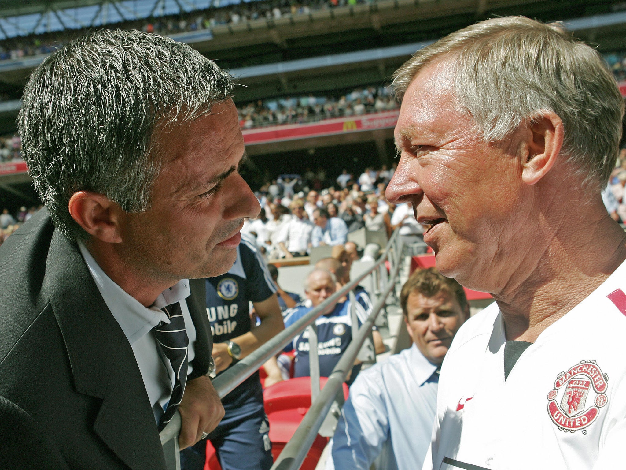 Mourinho and Ferguson greet each other prior to the 2007 Community Shield (Getty)