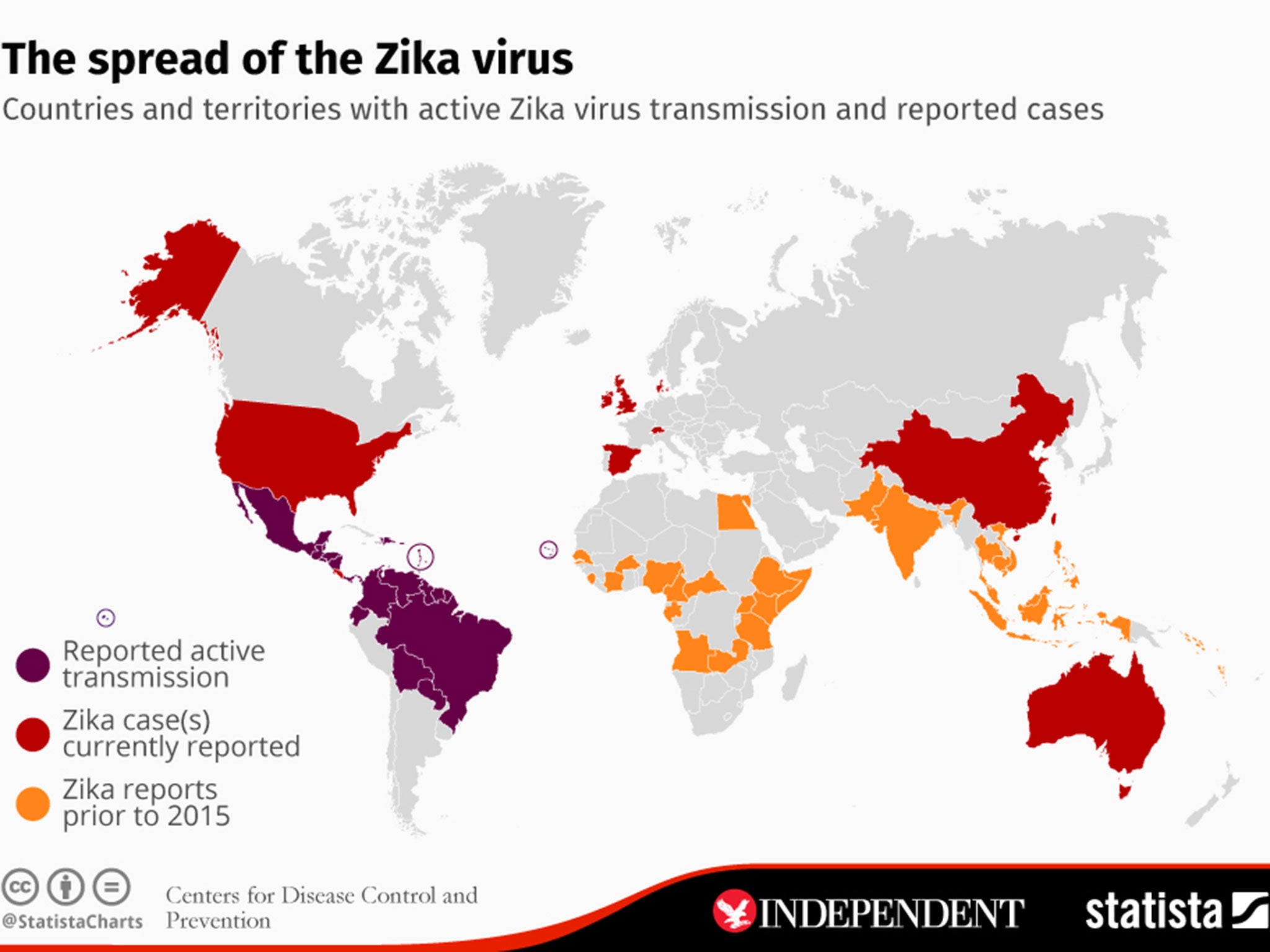 &#13;
A chart made for The Independent by Statista showing where Zika has spread around the world&#13;