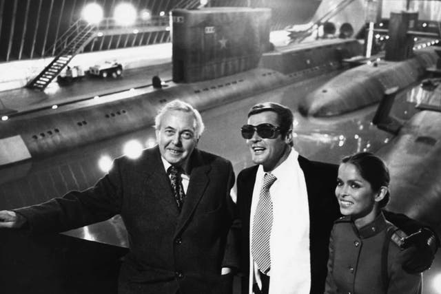 Prime Minister Harold Wilson (left) with Roger Moore and Barbara Bach on the James Bond set at Pinewood in 1976