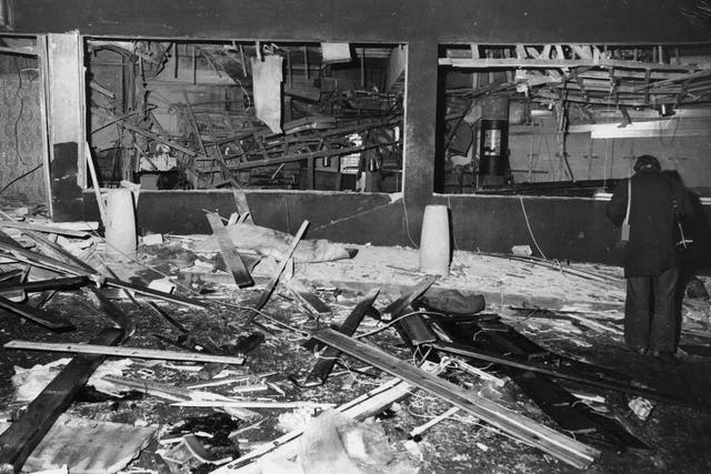 The wrecked interior of the Mulberry Bush public house following the blast