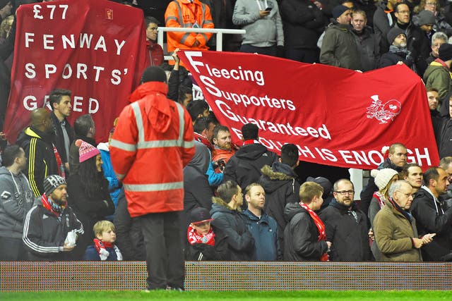 Liverpool fans protesting against their owners, the Fenway Sports Group, last weekend