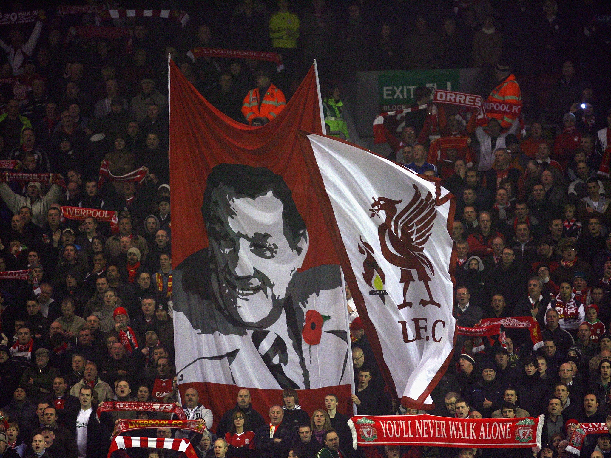 Liverpool fans fly a Bob Paisley banner at Anfield