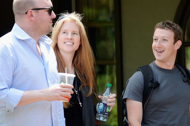 Facebook board member Marc Andreessen (far left), his wife the philanthropist and entrepreneur Laura Arrillaga-Andreessen, and Facebook CEO Mark Zuckerberg, at a 2012 media conference in Idaho