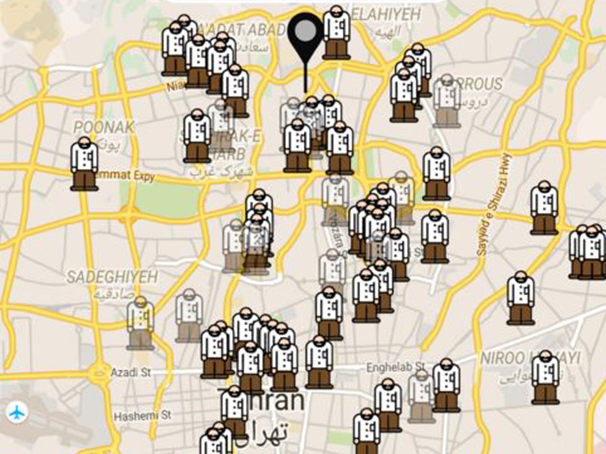 A screengrab of the Tehran city map where users can add the locations of the Gershad