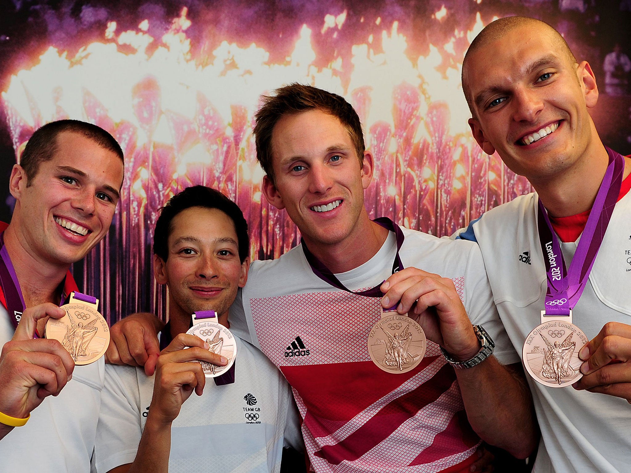 London 2012 Olympic Games - Team GB Rowers, left to right: James Foad, Phelan Hill, Matt Langridge and Moe Sbihi with their bronze medals
