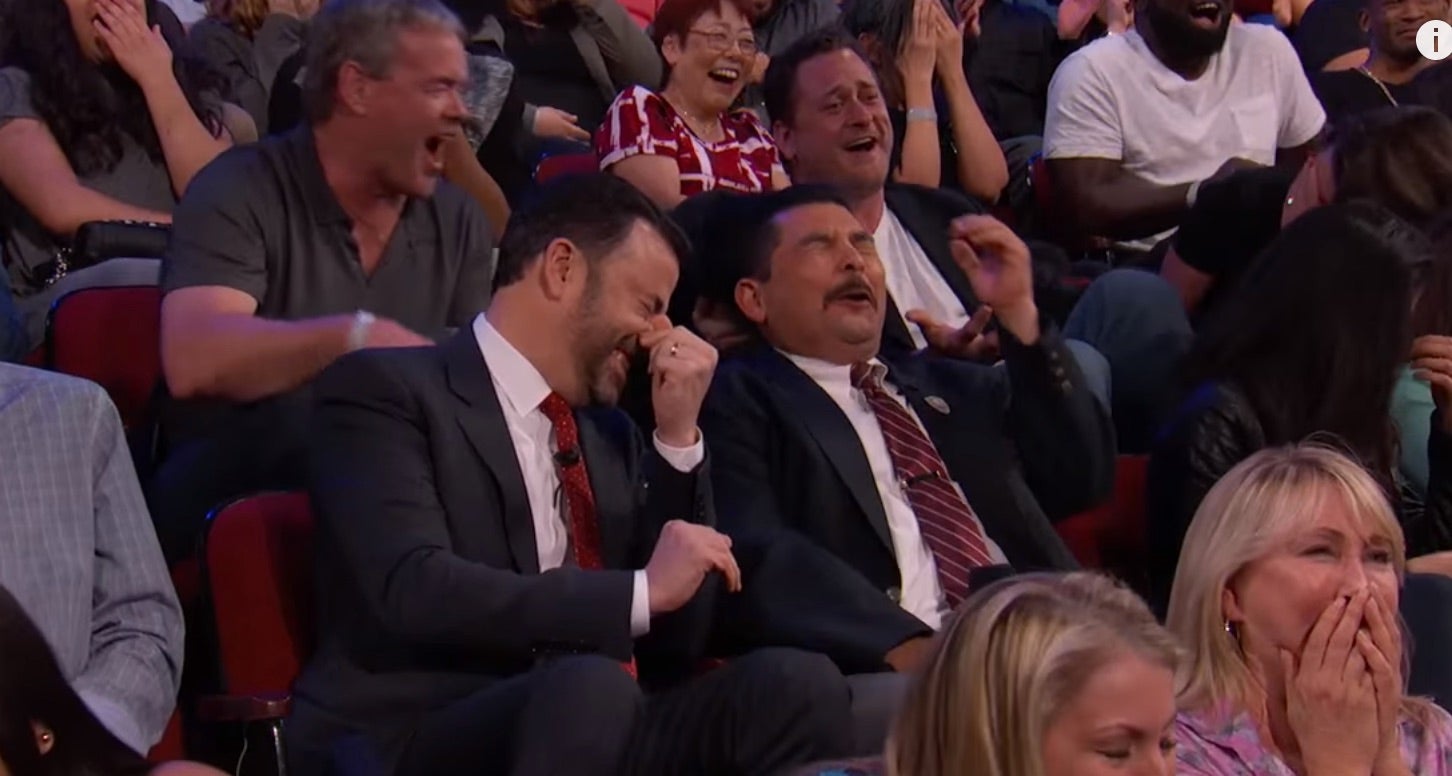Audience members - and Jimmy Kimmel - watching "graphic" clip from Sacha Baron Cohen film 'Grimsby'