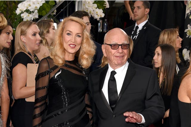Rupert Murdoch and model Jerry Hall attend the 73rd Annual Golden Globe Awards held at the Beverly Hilton Hotel on 10 January, 2016 in Beverly Hills, California