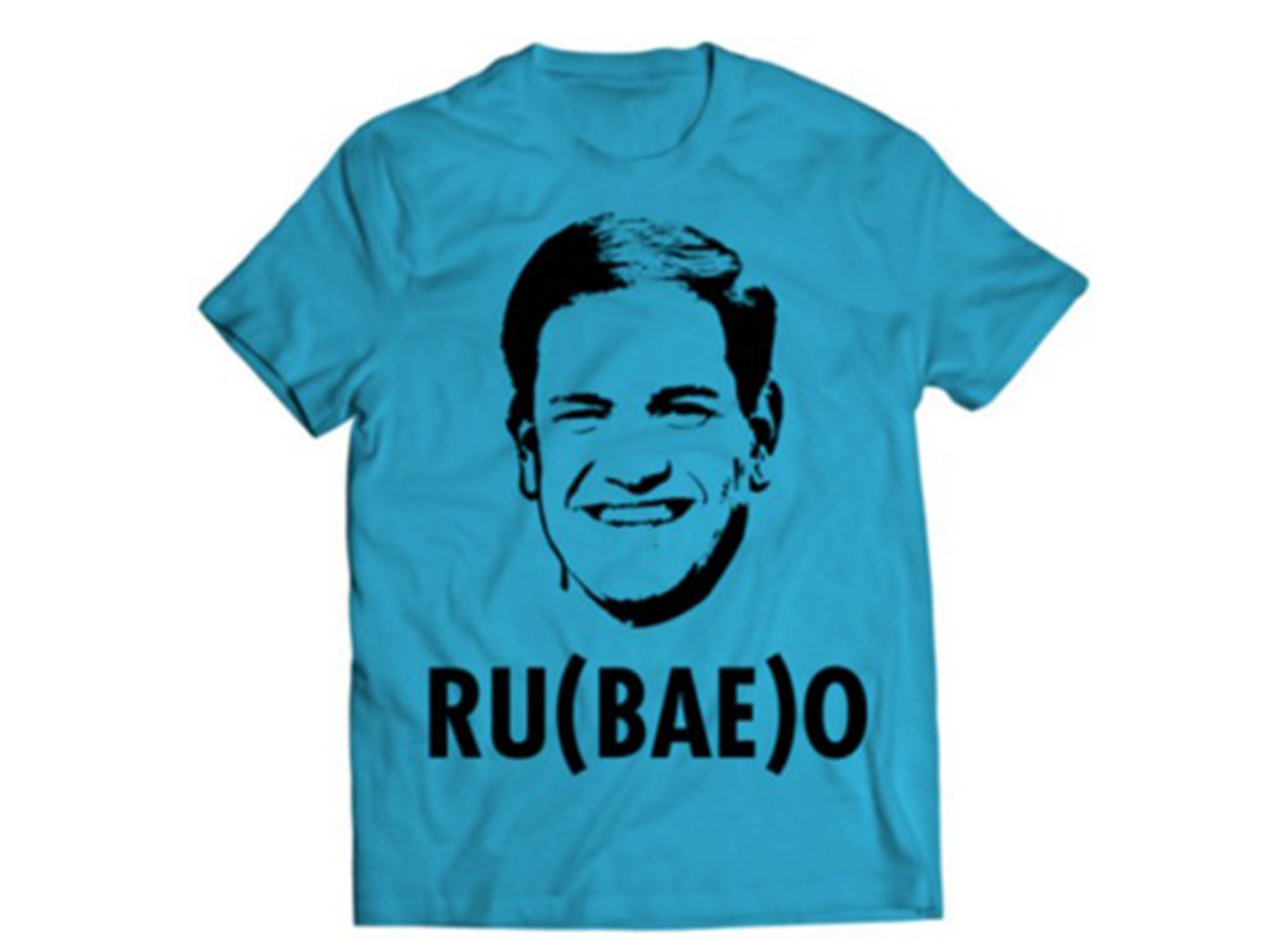 A Ru(bae)o T-shirt made for the presidential contender Marco Rubio