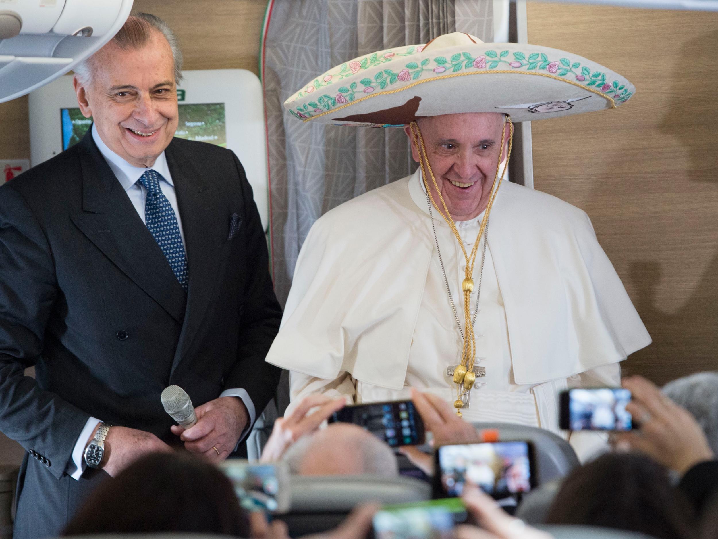 Pope Francis was gifted a traditional Mexican hat by a journalist ahead of his visit to the country