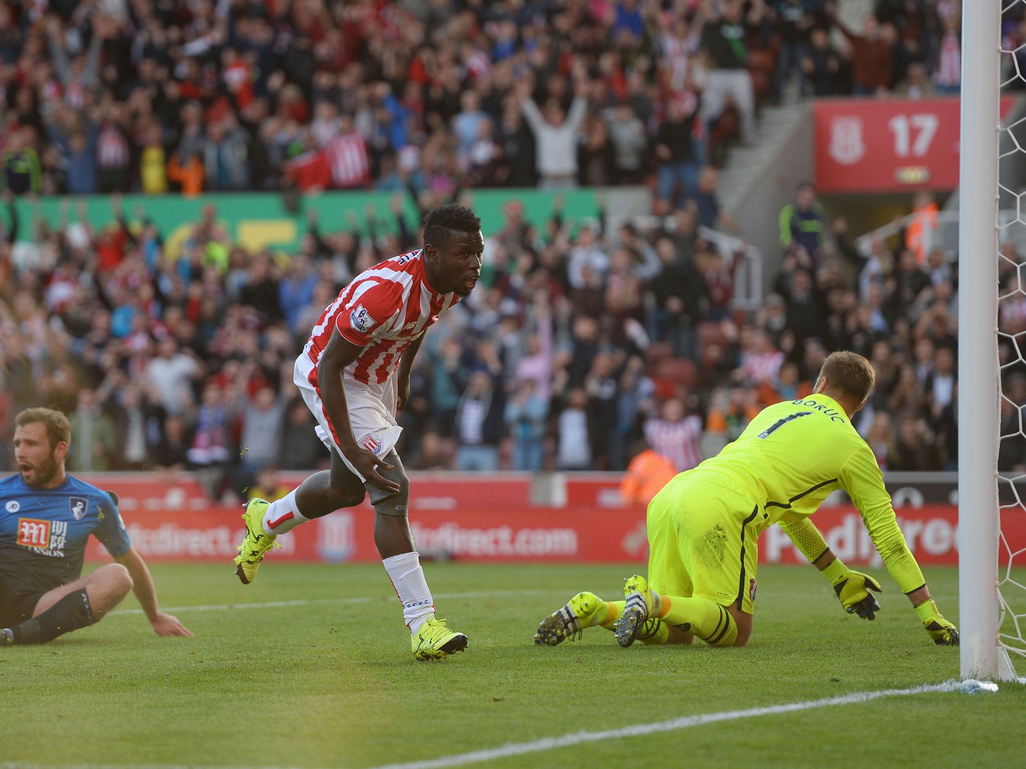 Mame Biram Diouf scores for Stoke against Bournemouth earlier in the season