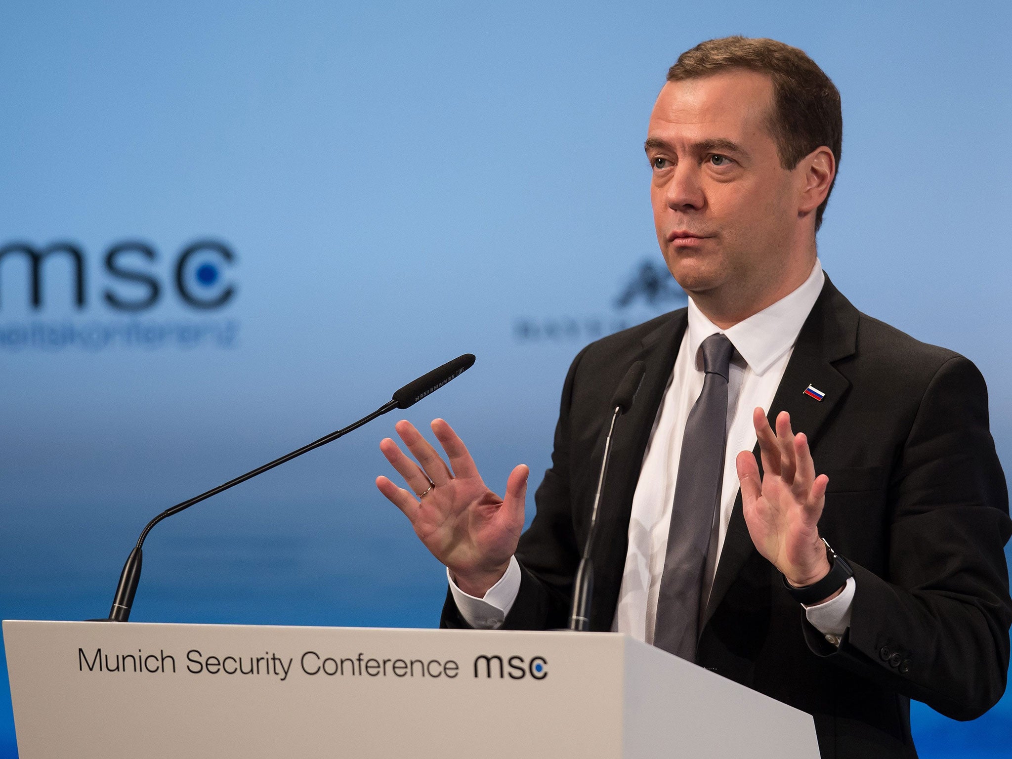 Russian Prime Minister Dmitry Medvedev speaks at the 52nd Security Conference in Munich, Germany, 13 February 2016.