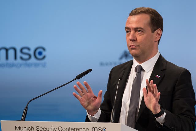 Russian Prime Minister Dmitry Medvedev speaks at the 52nd Security Conference in Munich, Germany, 13 February 2016.