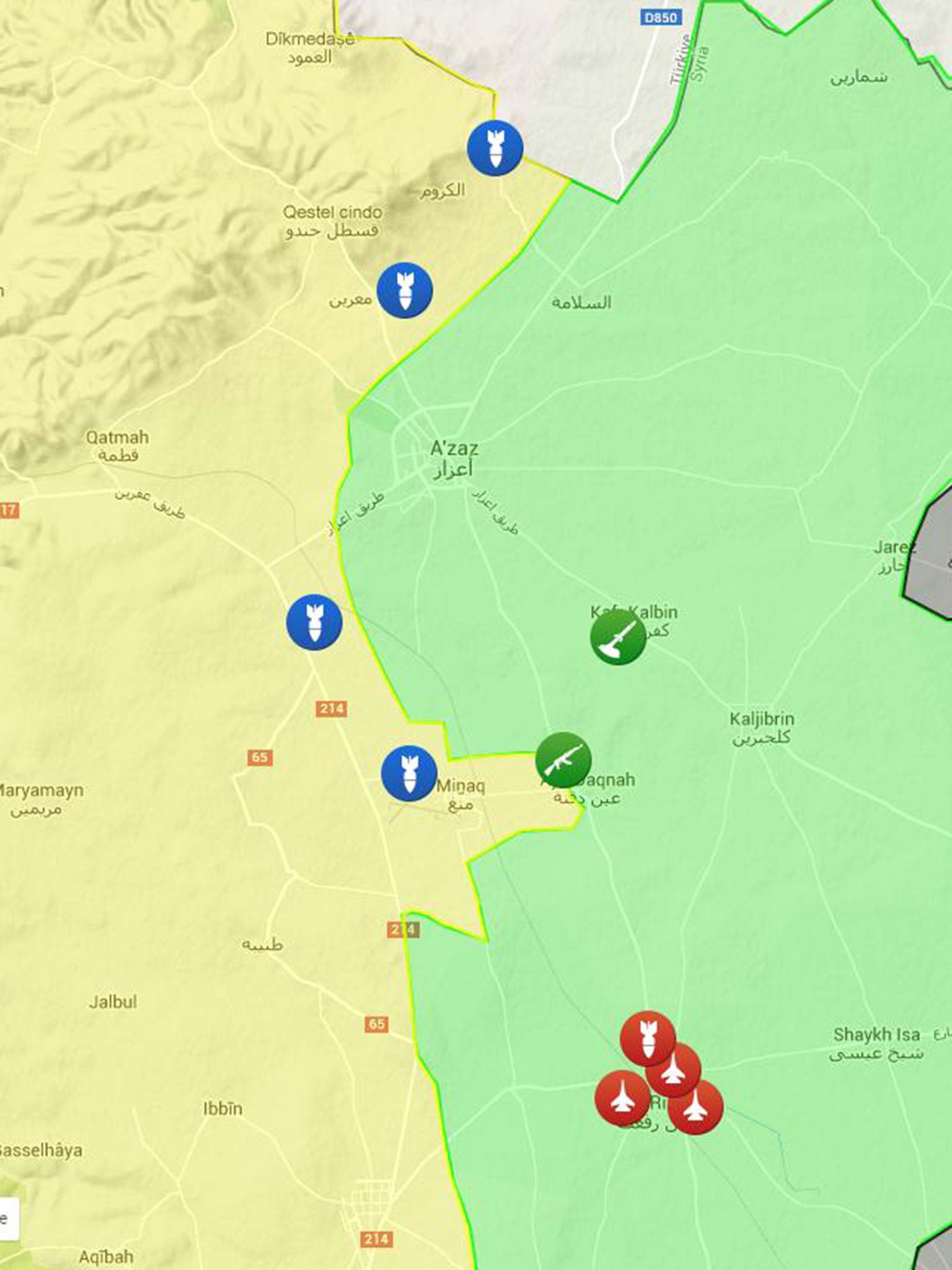 Reported Turkish artillery strikes on 13 February are seen in blue. Kurdish-held territory is shown in yellow, rebels' in green and Isis in black. Red dots mark Russian and regime operations.