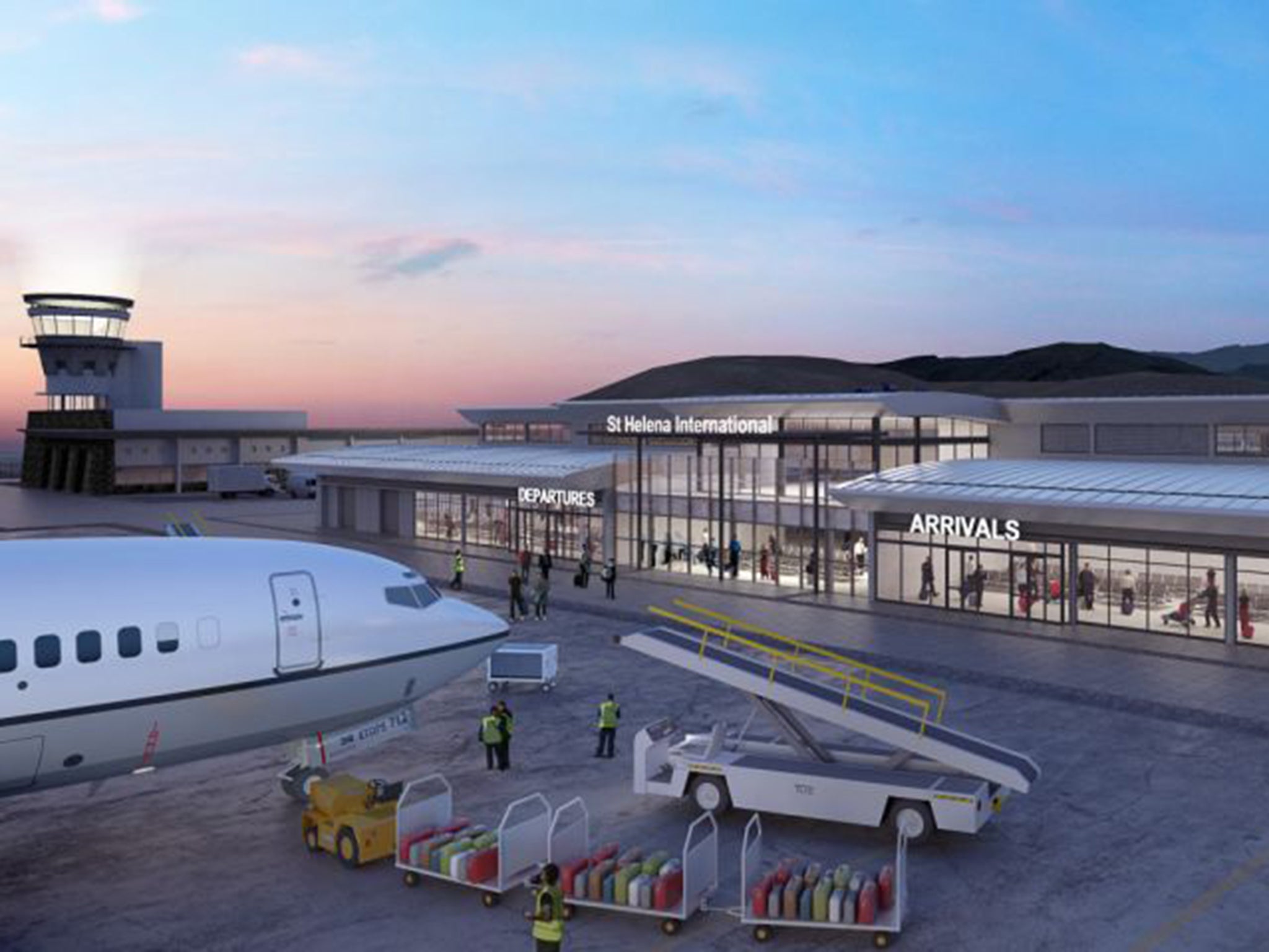 A plane waits at the new airport in St. Helena