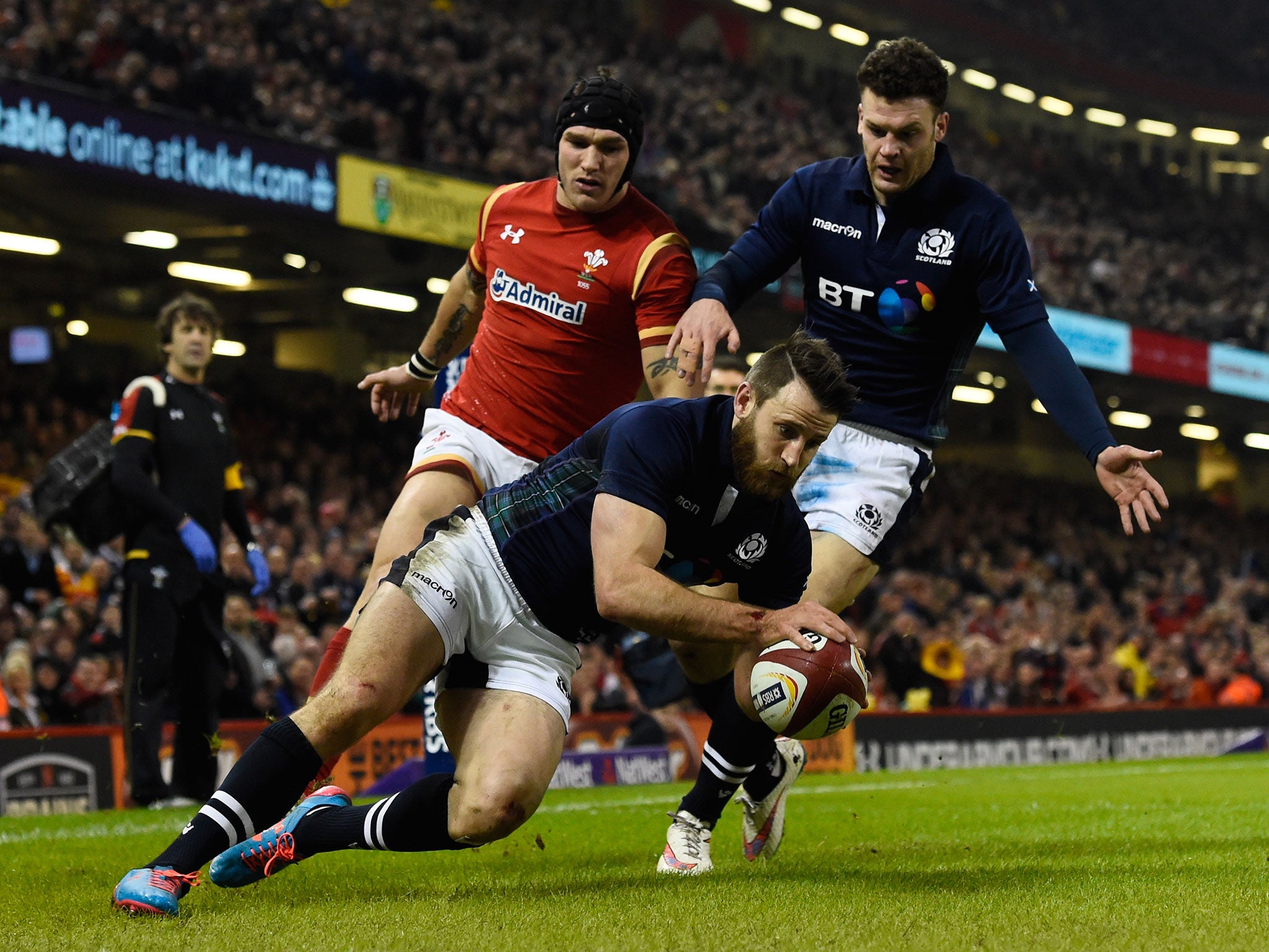 Tommy Seymour scores a try for Scotland against Wales