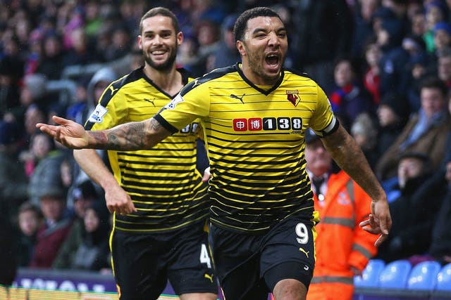 Troy Deeney celebrates scoring his and Watford's second goal against Crystal Palace