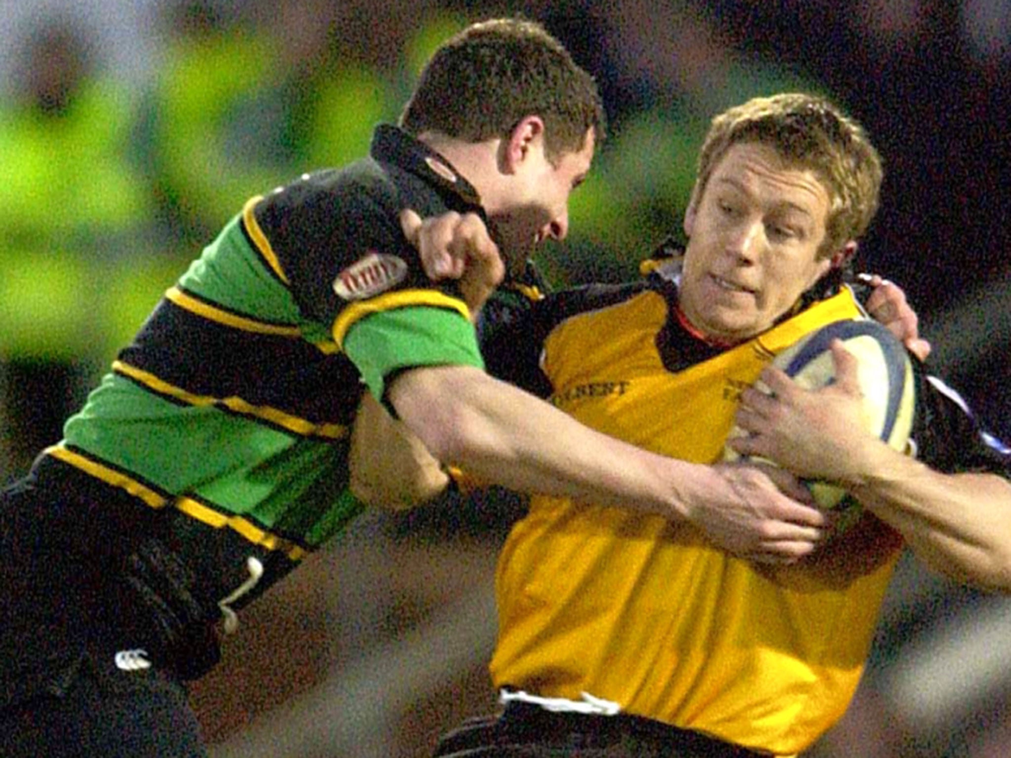 Paul Grayson tackles Wilkinson in a club match. The latter’s training dedication helped take Grayson’s own game to new heights