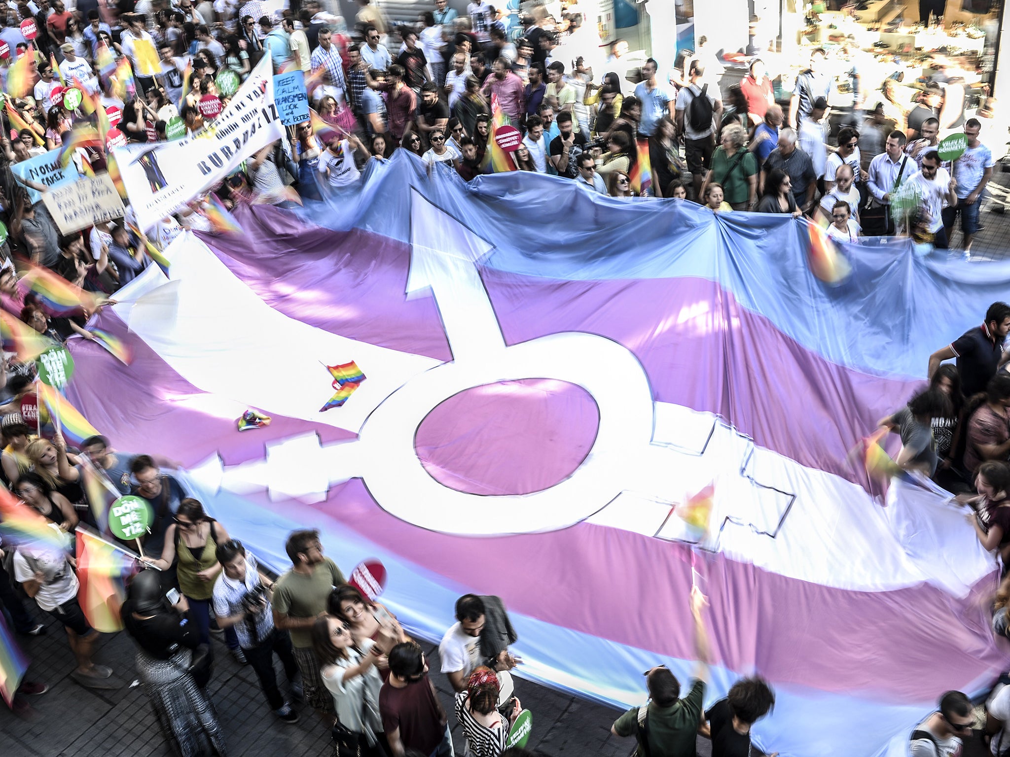  A giant transgender flag is displayed during the Trans Pride Parade