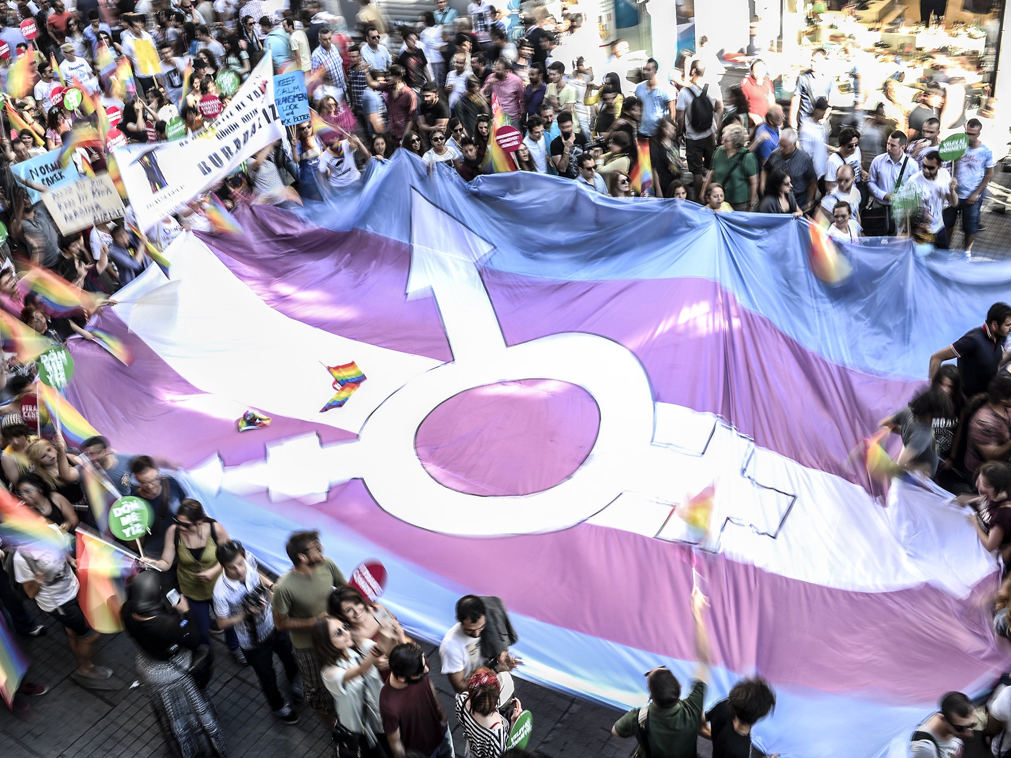 A giant transgender flag is displayed during the Trans Pride Parade